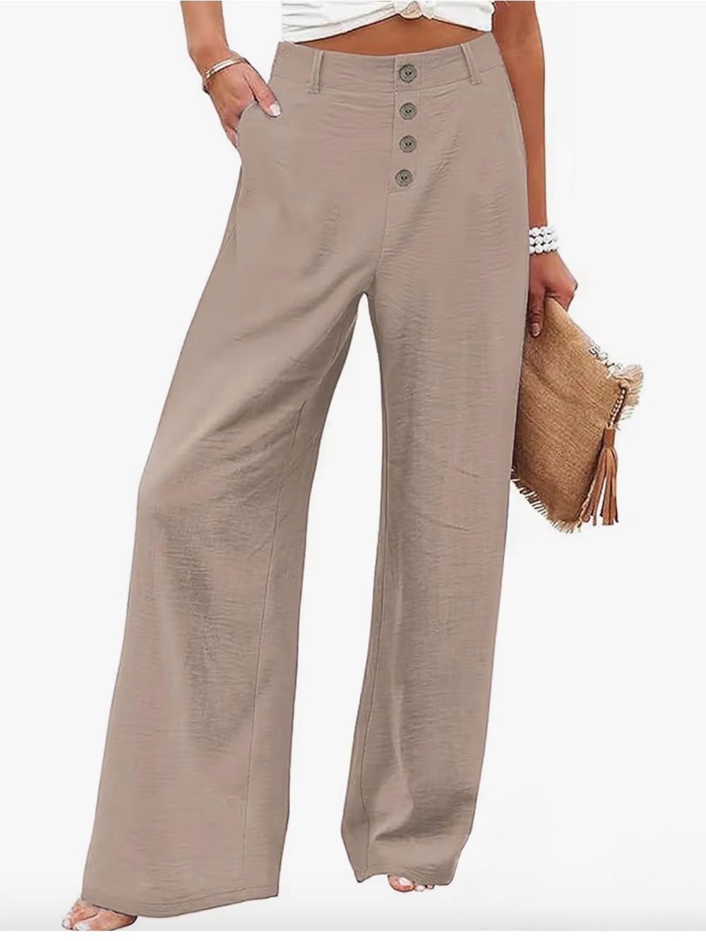 Wide-Leg High-Waist Pants in Light Beige